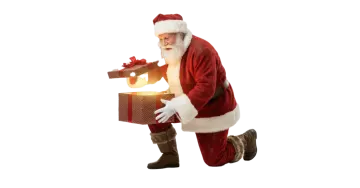 a man in a santa suit holding a christmas present