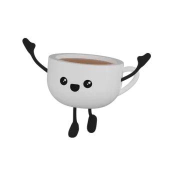 a white mug with a black face and arms in the air