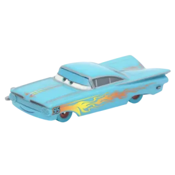 a blue toy car with flames on it