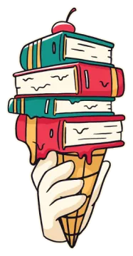 a hand holding an ice cream cone filled with books
