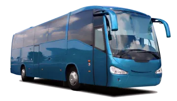 a blue bus parked in front of a white background