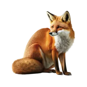 a red fox sitting down and looking at the camera