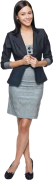 a woman in a gray dress and black jacket