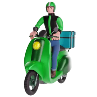 a man riding on the back of a green motorcycle