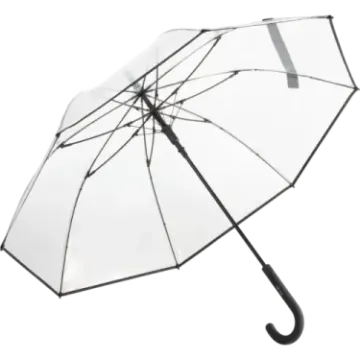 a clear umbrella with a black handle