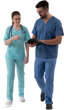 a man and woman in scrubs standing next to each other people