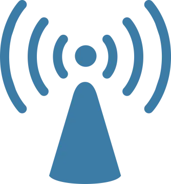 a blue and white icon of a person's head with an antenna