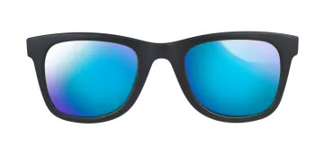 a pair of black sunglasses with blue mirrored lenses