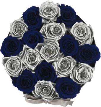 a bouquet of white and blue roses