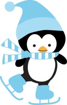 a penguin wearing a blue hat and scarf