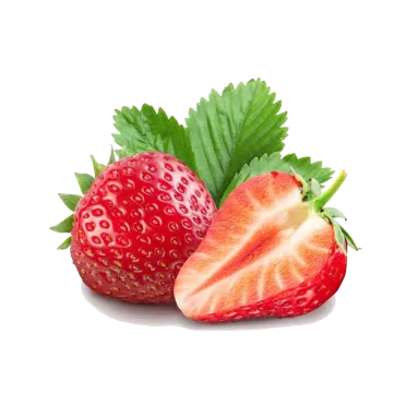 two strawberries and one strawberry with leaves