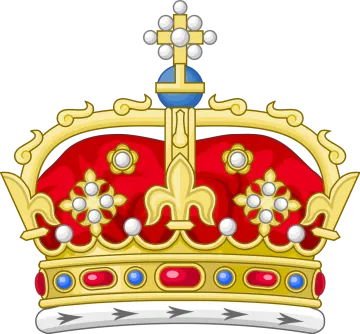 a gold crown with red and blue accents