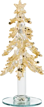 a gold christmas tree in a clear glass vase