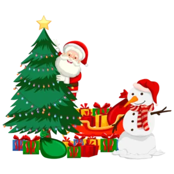santa and snowman with christmas tree