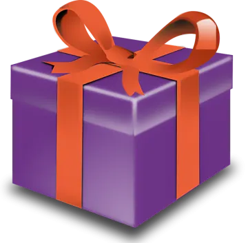 a purple gift box with a red ribbon