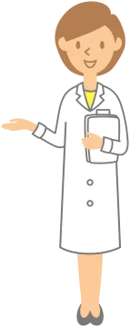 a woman in a lab coat pointing at something