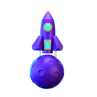 a purple toy with an orange and blue rocket on top