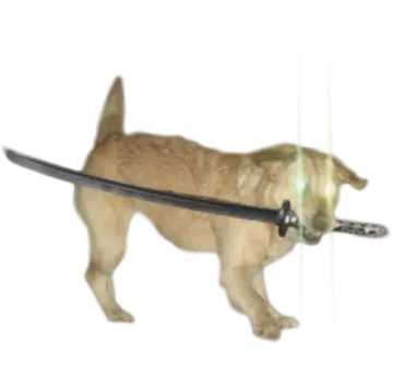 a dog with a sword in its mouth