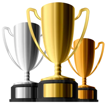 three gold, silver and bronze trophies