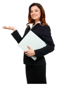 a woman in a business suit holding a folder