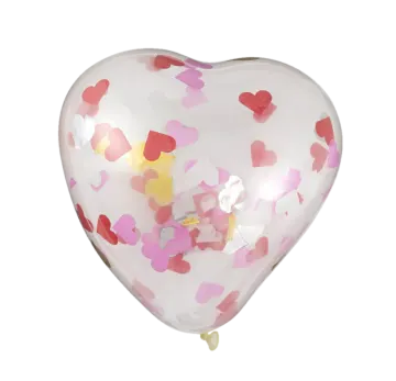 a heart shaped balloon filled with pink, yellow and red hearts