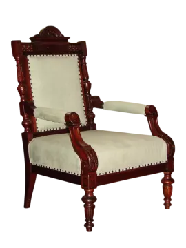 a wooden chair with beige upholing