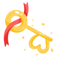 a golden key with a red ribbon around it