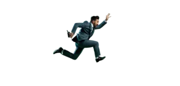 a man in a suit jumping through the air