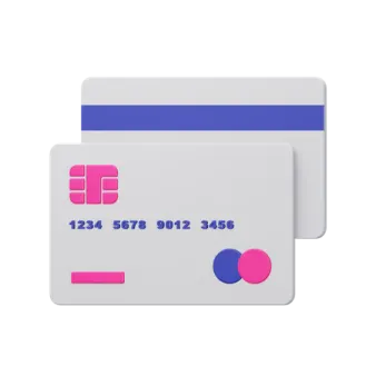 a white credit card with pink and blue stripes