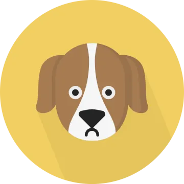 a brown and white dog's head in a yellow circle