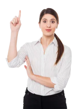 a woman pointing her finger at the camera
