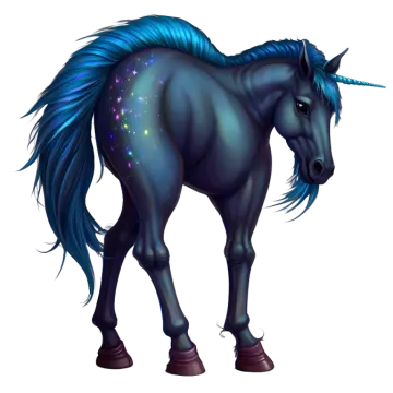 a black unicorn with blue manes and stars
