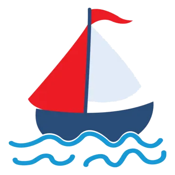 a sail boat with red and blue sails