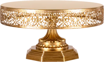 a gold cake stand on a white background