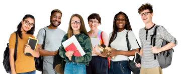 a group of students holding books and smiling