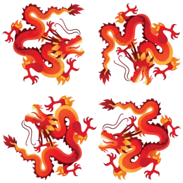four red and yellow dragons on a white background