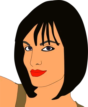a woman with black hair and red lipstick