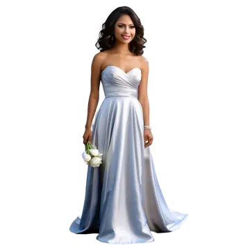 a woman in a blue and white dress