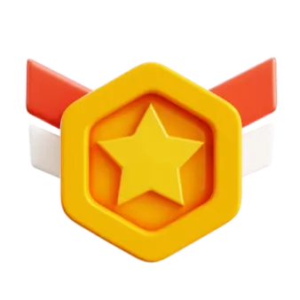a yellow star on top of a red and white ribbon