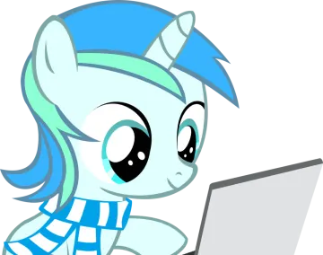 a little pony with blue hair sitting at a laptop