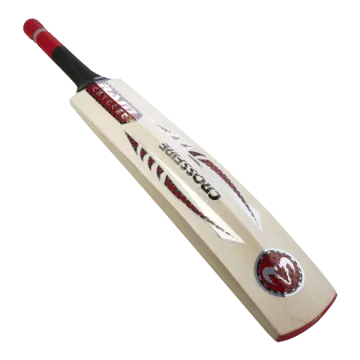 a cricket bat with a red handle