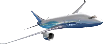 a blue and white airplane flying through the air