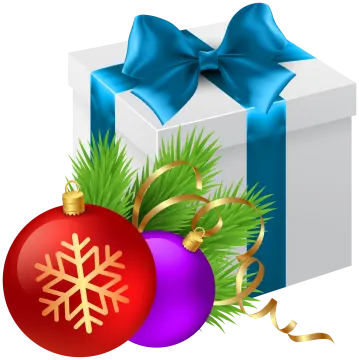a christmas orname with a gift box and blue ribbon