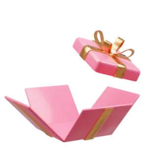 a pink gift box with a gold bow