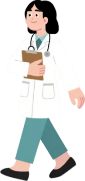 a woman in a white lab coat walking down the street