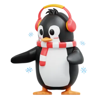 a penguin with headphones and a red scarf