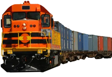 an orange and yellow train is on the tracks