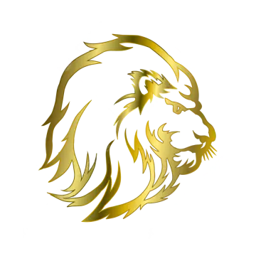 a gold lion head on a white background