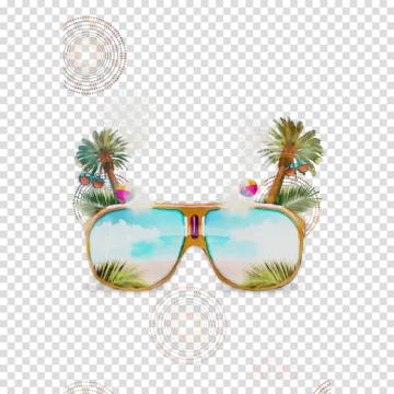 a pair of sunglasses with palm trees in the background