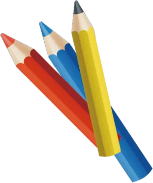 three colored pencils on a white background